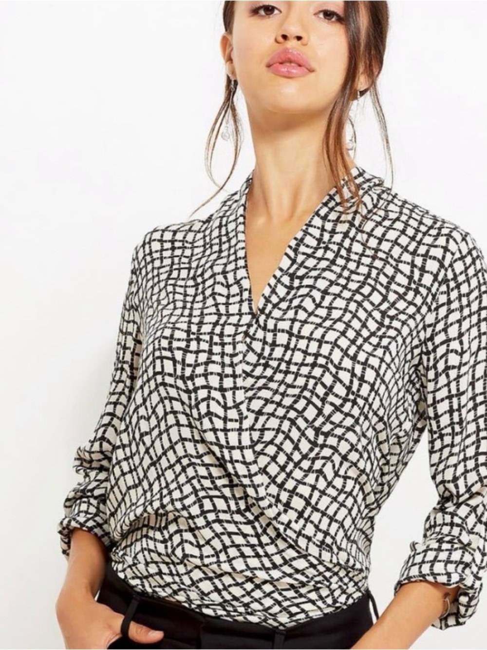 Pleione Wrap Front Geo Grid Print Blouse